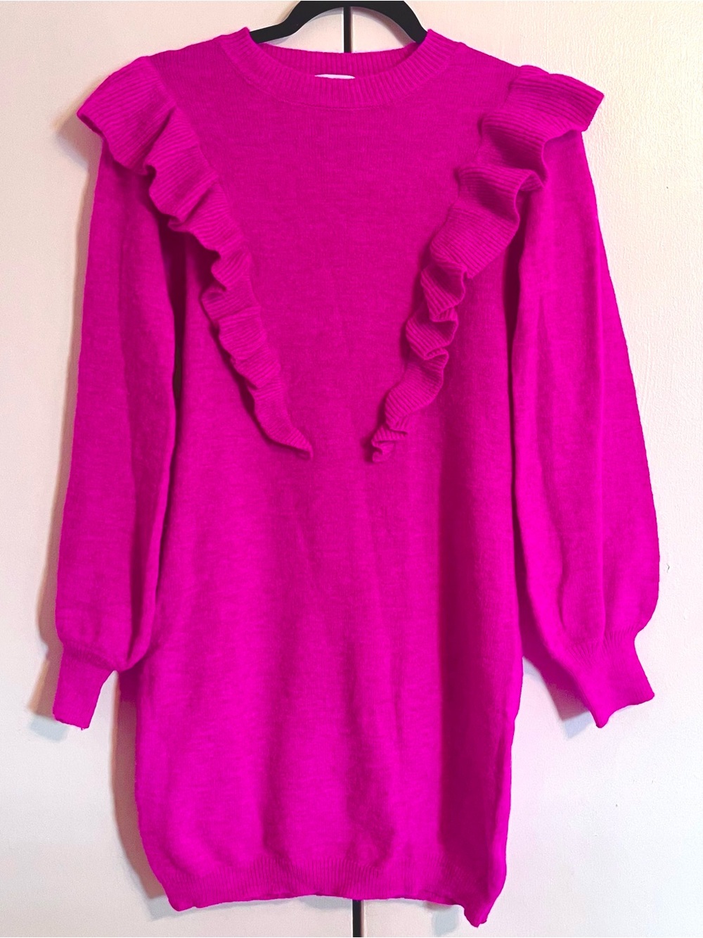 Pink Ruffle Sweater Dress S Fuchsia Statement Cozy Chic Winter Glam Barbiecore